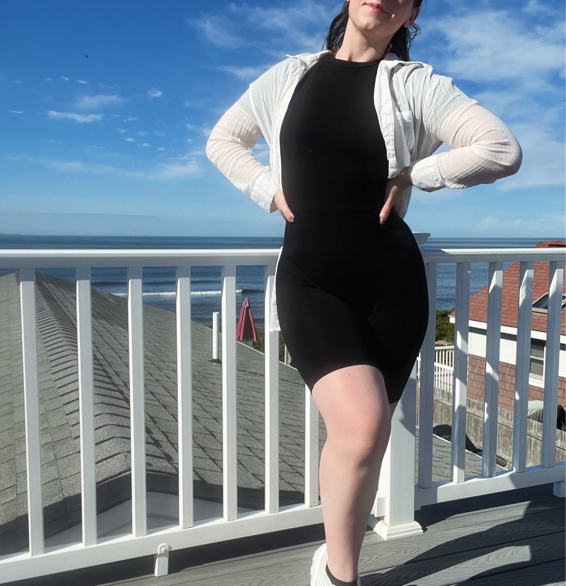 Shop the look!! These styles are all similar to the outfit i’m wearing here! A black romper, a white button down, and chunky white sneakers! #TheBanannieDiaries 

#LTKShoeCrush #LTKStyleTip #LTKActive