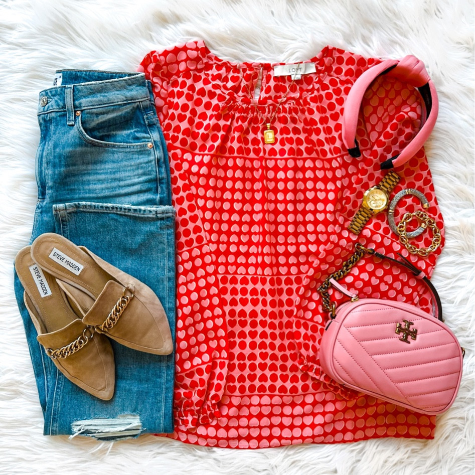 Happy Tuesday! This oh so cute heart print top is on sale today! We’ve linked it along with 5 other chic heart tops that are all on promo. ❤️ This pink bag is sold out in this shade however it is available in several more great colors! We also linked these jeans, shoes and accessories. 🛍 Shop it all via the LTK app or head to our link in bio. We hope y’all have a great day! 

#LTKunder50 #LTKsalealert #LTKstyletip
