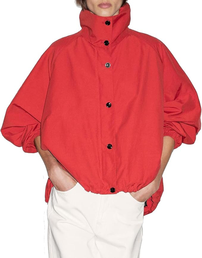 Women Bomber Jacket Casual Long Sleeve High Neck Zip Up Button Puff Fall Coats Lightweight Street... | Amazon (US)