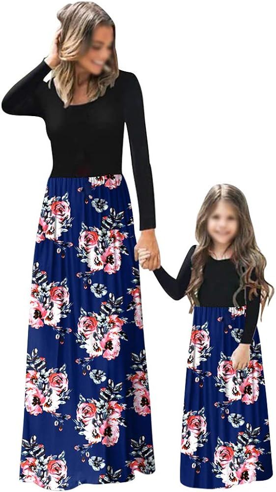 Mommy and Me Maxi Dresses Casual Floral Printed Plaid Long Sleeve with Pockets | Amazon (US)