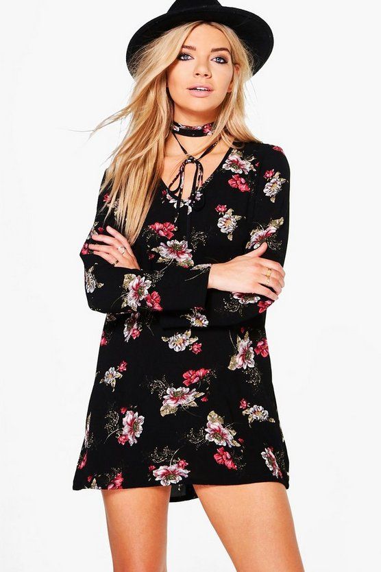 Felicity Floral Tie Neck Shift Dress | Boohoo.com (US & CA)