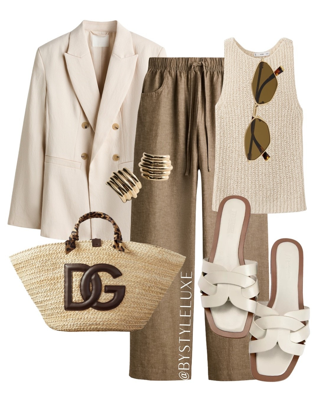 H&M - Brown linen trousers styled with a chic neutral blazer for a spring look. Perfect for everyday or holiday 

#linentrousers #sandals #blazer 

#LTKshoes #LTKsummer #LTKspring