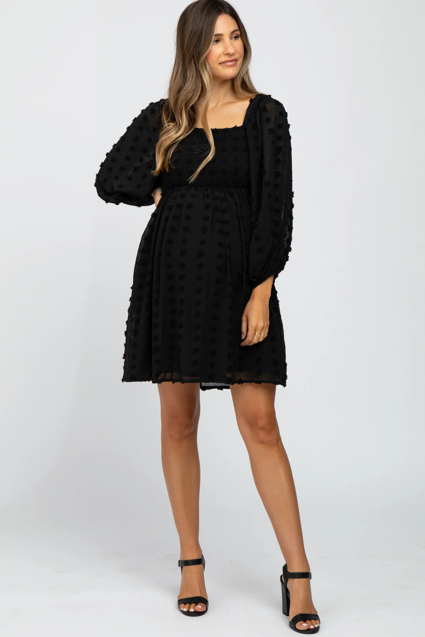 Black Textured Dot Smocked Square Neck Chiffon Maternity Dress | PinkBlush Maternity