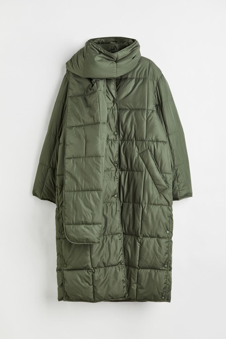 Quilted Coat with Scarf - Khaki green - Ladies | H&M US | H&M (US + CA)