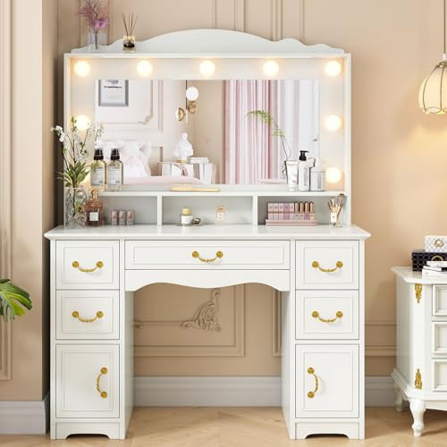 JanflyHome Vanity Desk with Mirror and Lights-Large Makeup Vanity Table with Power Outlet & 5 Drawers, 3 Colors and Brightness Adjustable, Large Mirror, Modern Dressing Table for Bedroom, White | Amazon (US)