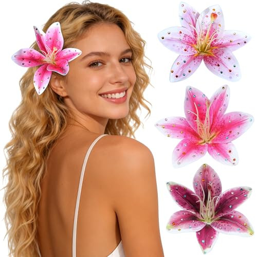 Mesovor 3 Pack Hawaiian Flower Hair Clips, Artificial Tropical Flower Orchid Hair Pin | Rhinestone Hairpins Hair Accessories for Wedding Bridal Beach Party (Pink Lily) | Amazon (US)
