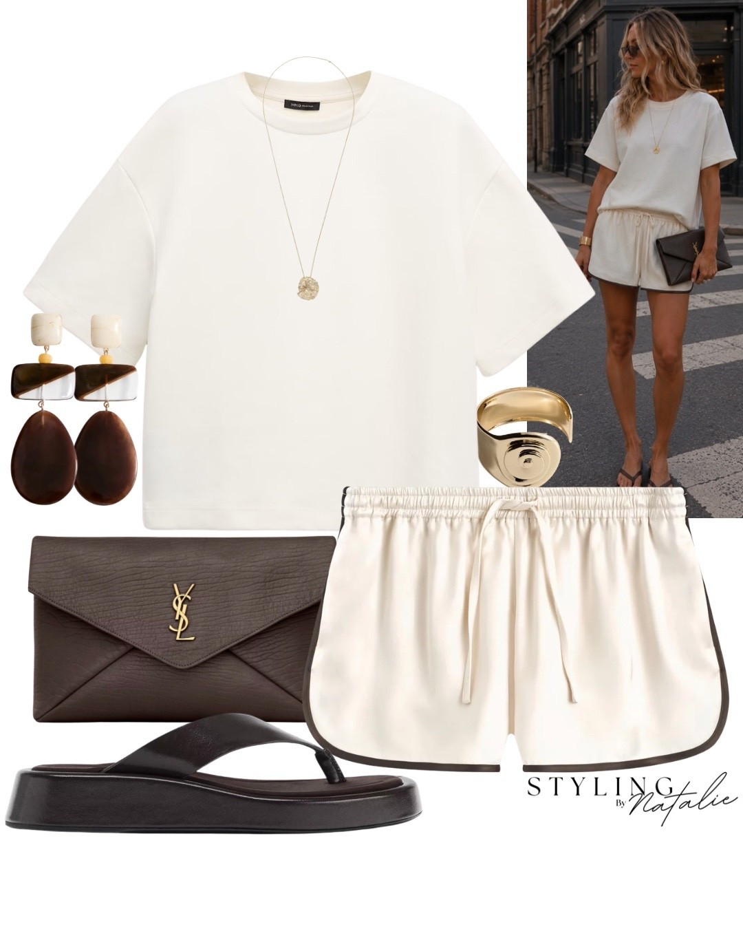 Sporty chic summer outfit- Oversized t shirt, satin runner shorts, platform thong sandals, YSL clutch, and resin drop earrings. 
🏷️ Weekend look, drawstring shorts, Cos, Zara, neutral fashion

#LTKsummer #LTKeurope #LTKstyletip