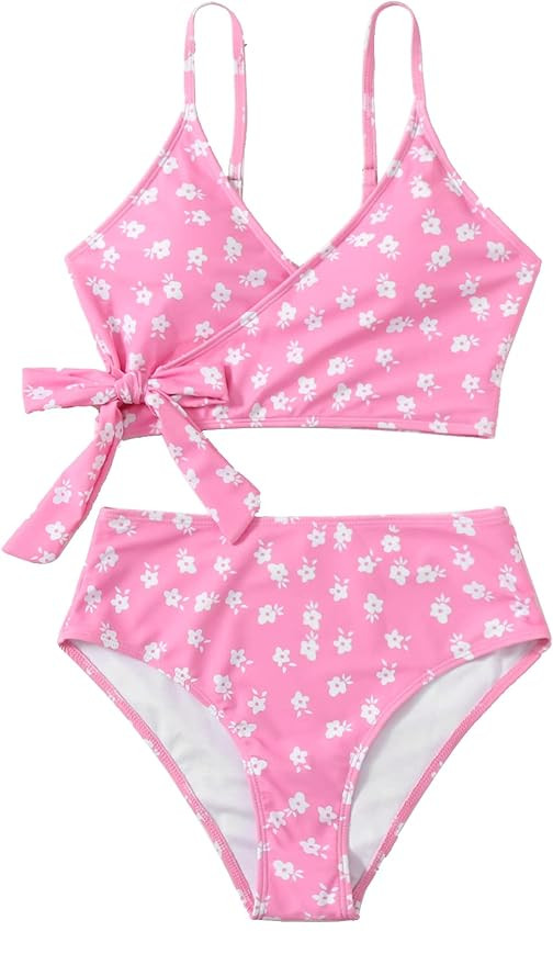 SweatyRocks Women's Two Pieces Swimsuit Solid Color Tie Side Top High Waisted Bikini Set | Amazon (US)