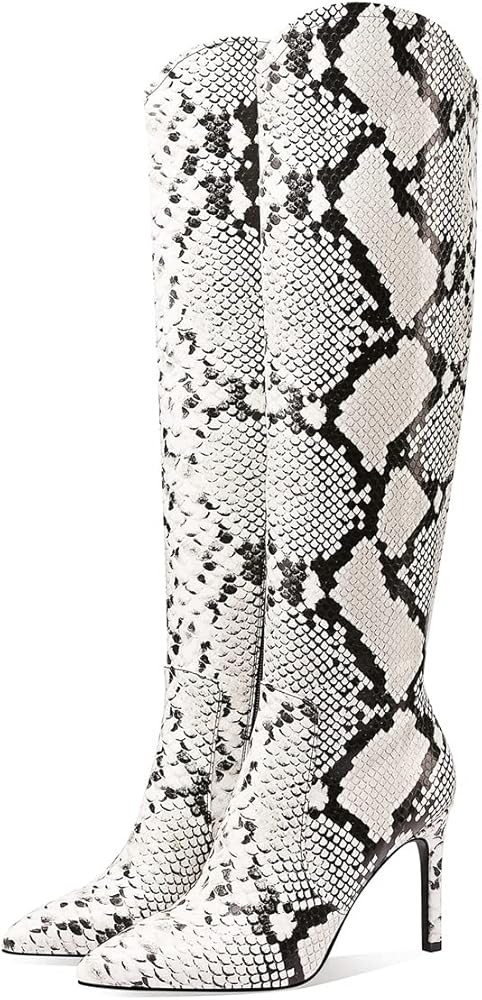 Jimishow Snakeskin Boots For Women Knee High Heels Stiletto Pointy Snake Skin Print Fashion Boots... | Amazon (US)