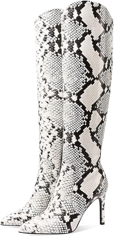 JIMISHOW Snakeskin Boots For Women Knee High Heels Stiletto Pointy snake skin Print Fashion Boots... | Amazon (US)