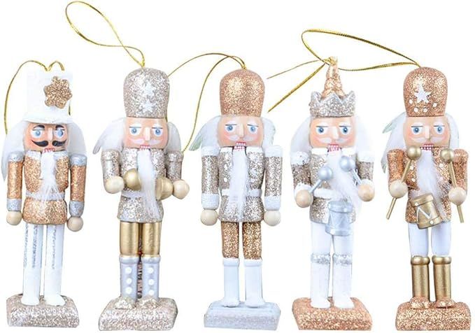 5 PCS/Set Glitter Powder Wooden Nutcrackers Pendant, Nutcracker Doll Christmas Ornaments, Small W... | Amazon (US)