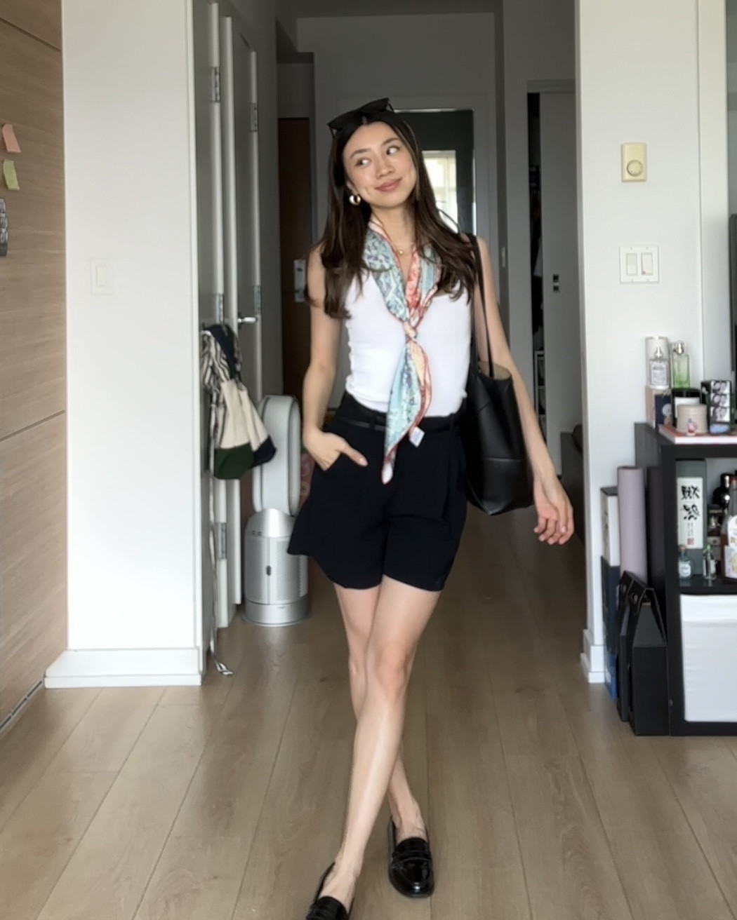 Heatwave friendly office outfit featuring the Aritzia Effortless Shorts, Classic White Tank Top by Sezane, Black Loafers also by Sezane, and some accessories elevating the look like the Loewe Puzzle Tote, YSL Mica Sunglasses, and Hermes scarf. Earrings by Missoma, they’re mixed metal and i love it


#LTKstyletip #LTKsummer #LTKworkwear