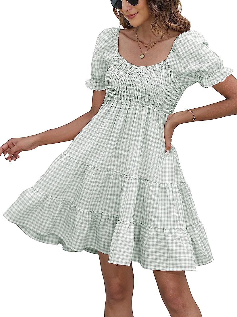 Dokuritu Women's Dresses Summer Plaid Gingham Checkered Cottagecore Puff Sleeve Smocked Cute Teen... | Amazon (US)