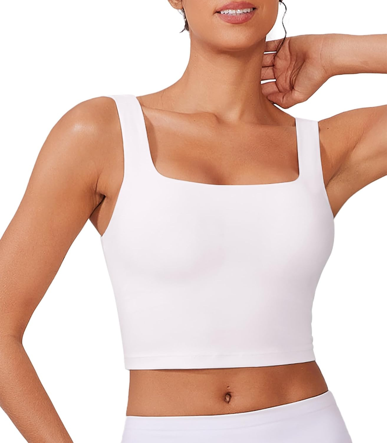 PINSPARK Womens Sports Bras Longline Padded Tank Tops Square Neck Yoga Tops Light Support Workout Crop Tank Built in Bra Large,White | Amazon (US)
