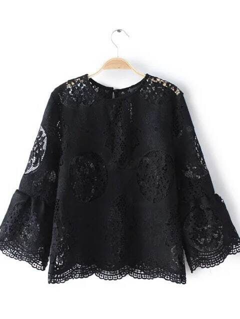 Black Bell Sleeve Hollow Lace Blouse | ROMWE
