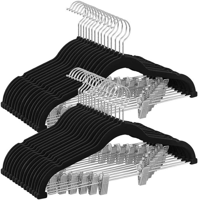 SONGMICS Pants Hangers, Set of 30 Velvet Hangers with Adjustable Clips, Space-Saving, Non-Slip fo... | Amazon (US)