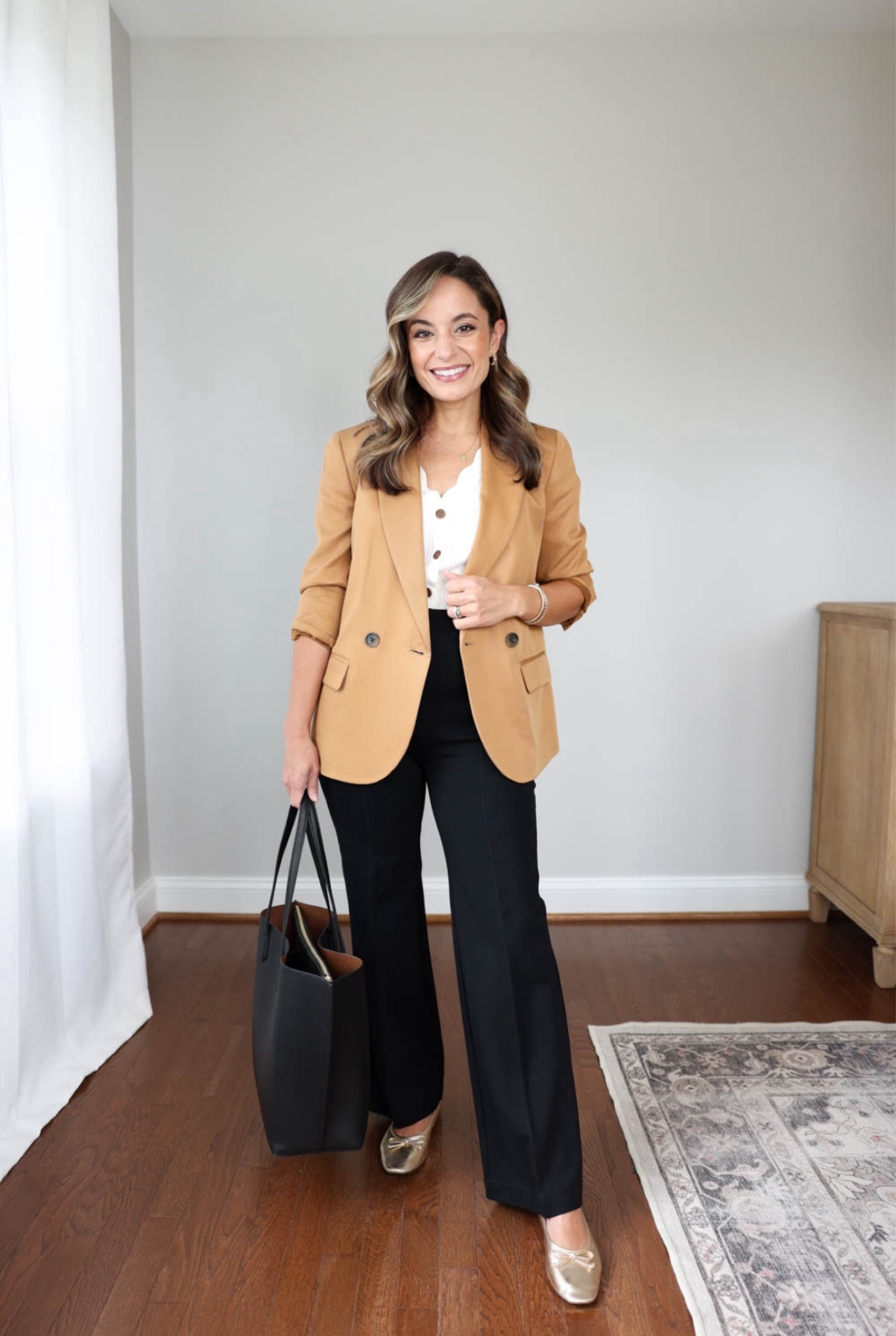 Outfits for teachers series: wide leg pants multiple ways 

LOFT ponte wide leg pants: petite xxs, true to size with a stretch waistband. Leggings level stretch. 11” rise, 27.5” inseam. 
Camel blazer (J.Crew Factory): petite xxs - true to size, intentional oversized fit 
White scalloped cardigan (worn under blazer - J.Crew Factory): xxs 

Flats: arissa flats from Shutz, tts 
Adidas sneakers: size down 1/2 size 
Tote is from Quince shown in black and cappuccino 

My measurements for reference: 4’10” 105lbs bust, waist, hips 32”, 24”, 35” size 5 shoe. 25” inseam measurement to my ankle bone. 

#LTKWorkwear #LTKBacktoSchool