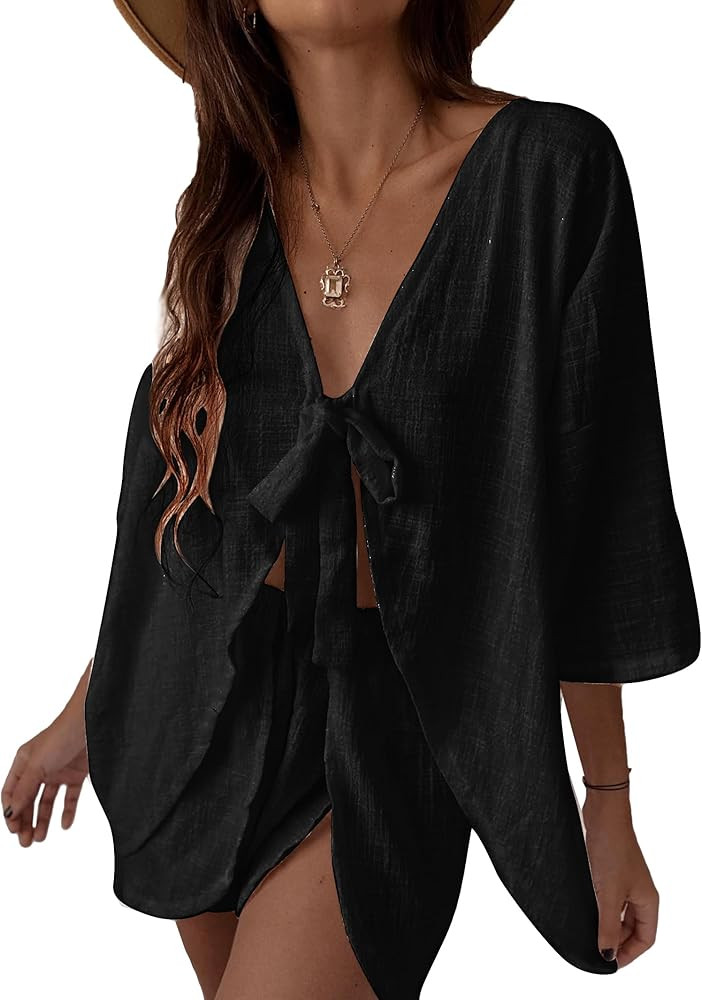 Sexy 2 Piece Outfits for Women Self Tie Knot Long Sleeve Shirt with Shorts Set Casual Matching Se... | Amazon (CA)