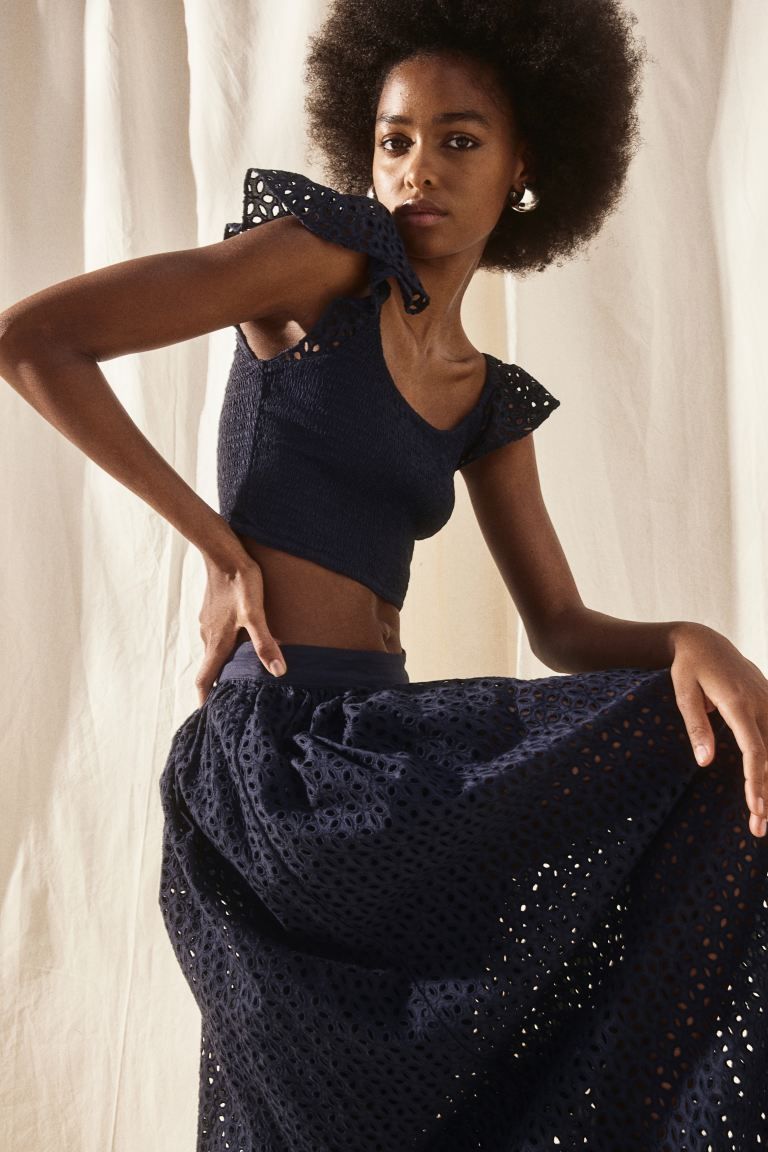 Smocked Crop Top - Dark blue - Ladies | H&M US | H&M (US + CA)