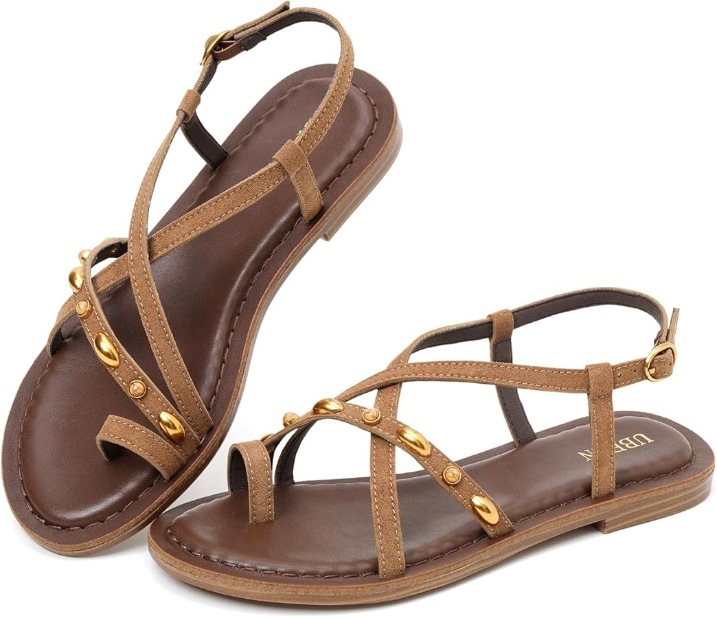UBFEN Womens Gladiator Flat Sandals Summer Thong Sandals with Studded Detail Adjustable Ankle Buc... | Amazon (US)