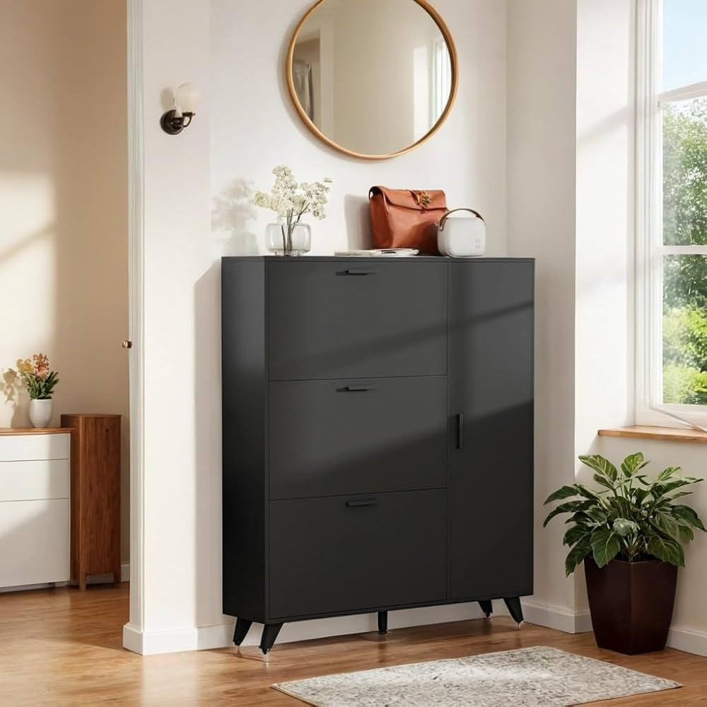 42.5" W White Shoe Storage Cabinet fit up to Shoe Size 16, Shoe Cabinet with 3 Flip Drawers and 2... | Amazon (US)