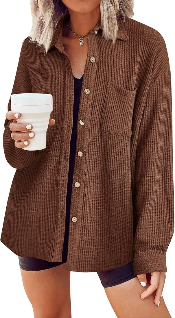 Hotouch Women Waffle Button Down Shirt Casual Long Sleeve Loose Fit Button Blouse Shirt with Pockets | Amazon (US)