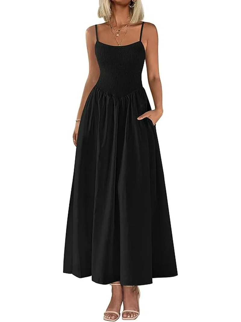 PRETTYGARDEN Women's Smocked Maxi Dresses Summer Beach Sundress Casual Spaghetti Strap Swing A Li... | Walmart (US)