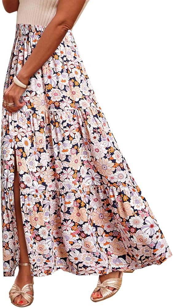 Happy Sailed Skirts for Women Spring Summer Boho Floral Print High Waist Flowy Split A Line Maxi ... | Amazon (US)