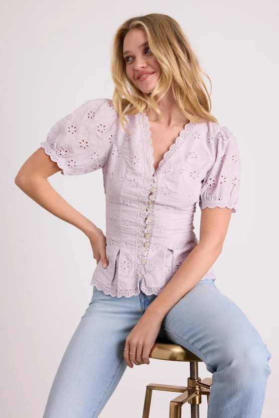 Briar Lavender Eyelet Embroidered Button-Front Top | Lulus