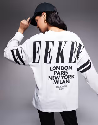 Weekend Collective Icon oversized long sleeve T-shirt with stacked back logo in white | ASOS (Global)