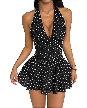 OYOANGLE Women's Polka Dots A Line Mini Halter Top Dress Backless Ruched Layered Ruffle Dresses | Amazon (US)