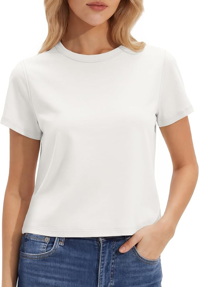 Stelle Women's Short Sleeve Crewneck T-Shirts Cotton Basic Tees Summer Casual Solid Crop Tops | Amazon (US)