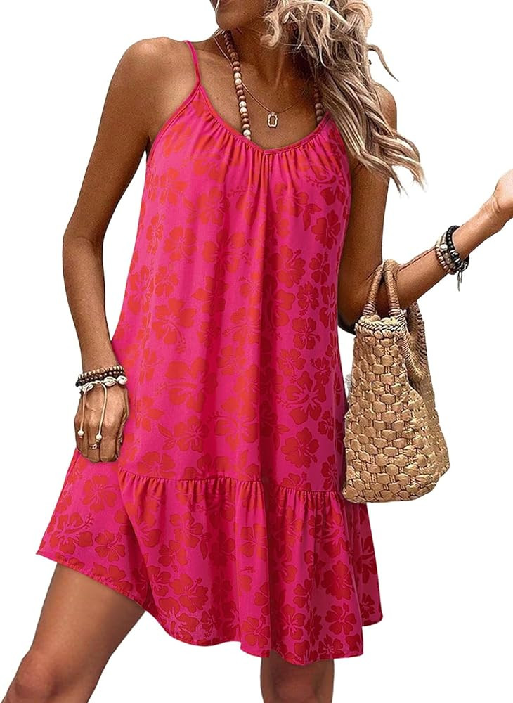 Dokotoo Summer Dresses for Women 2026 Spaghetti Strap Sexy Deep V Neck Smocked Ruffle Flowy Boho ... | Amazon (US)