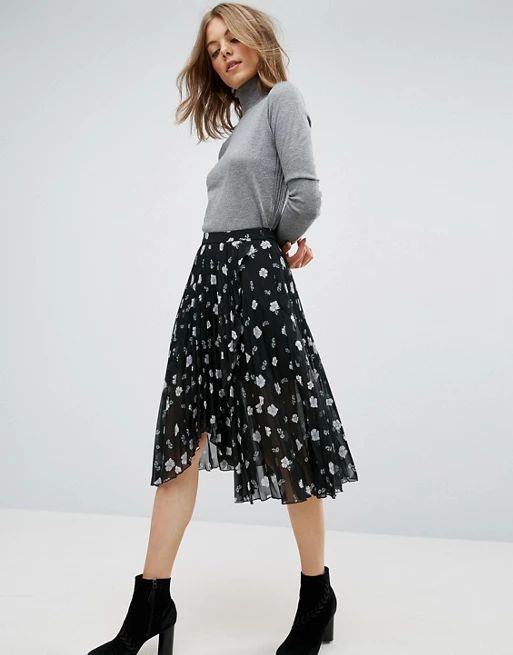 ASOS Pleated Midi Skirt with Wrap Front Detail in Floral Print | ASOS US