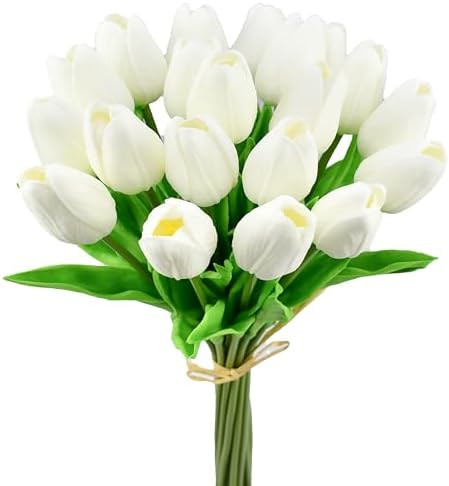 Mandy's Artificial Tulips 20 Stems White PU Faux Flowers for Valentine's Day and Easter Decoratio... | Amazon (US)