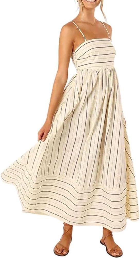 KMBANGI Women Striped Sleeveless Maxi Dress Swing Aline Midi Dress Backless Smocked Spaghetti Str... | Amazon (US)