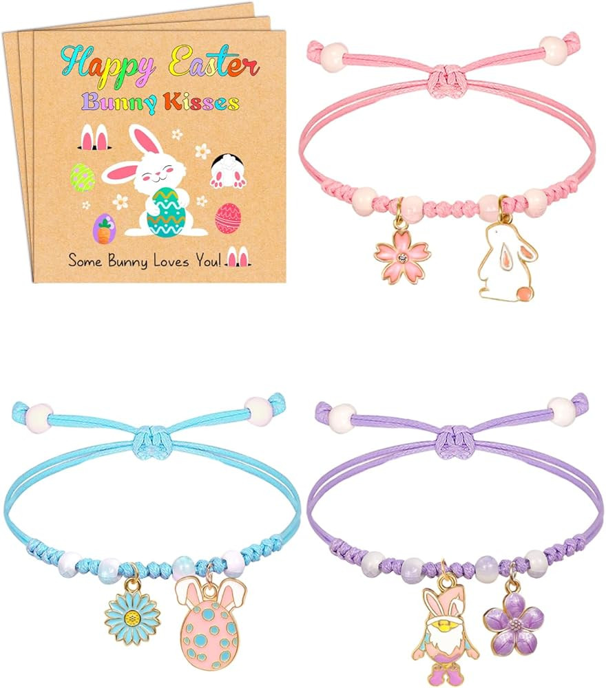 Easter Gifts for Kids, 3 Pcs Adjustable Bunny Charm Bracelets with Bunny Card, Cute Jewelry Brace... | Amazon (US)