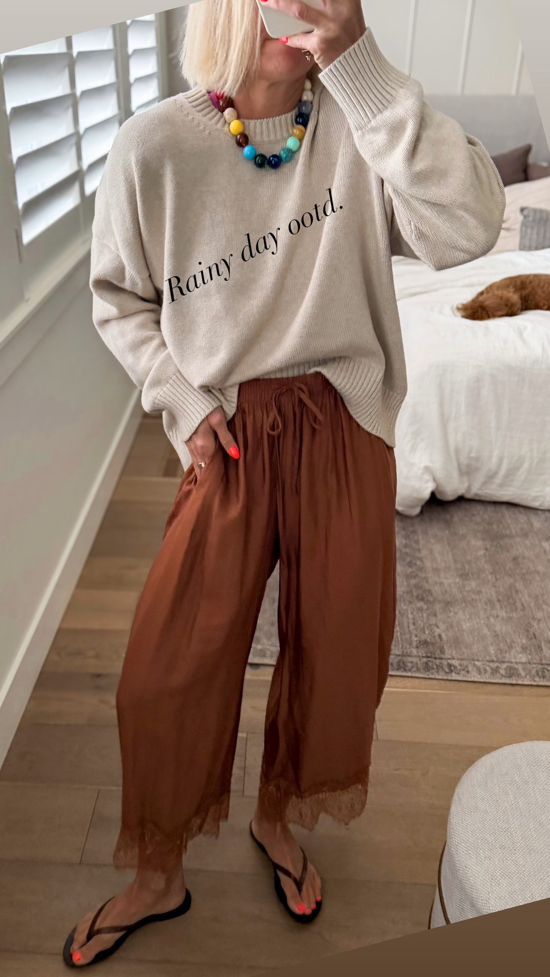 Lightweight knit sweater & lace hem pants for a cooler summer day.
I sized up to a large in this @Quince sweater for an extra oversized fit.
Pants fit tts, wearing a medium

#LTKootd #LTKmomlife #LTKOver40