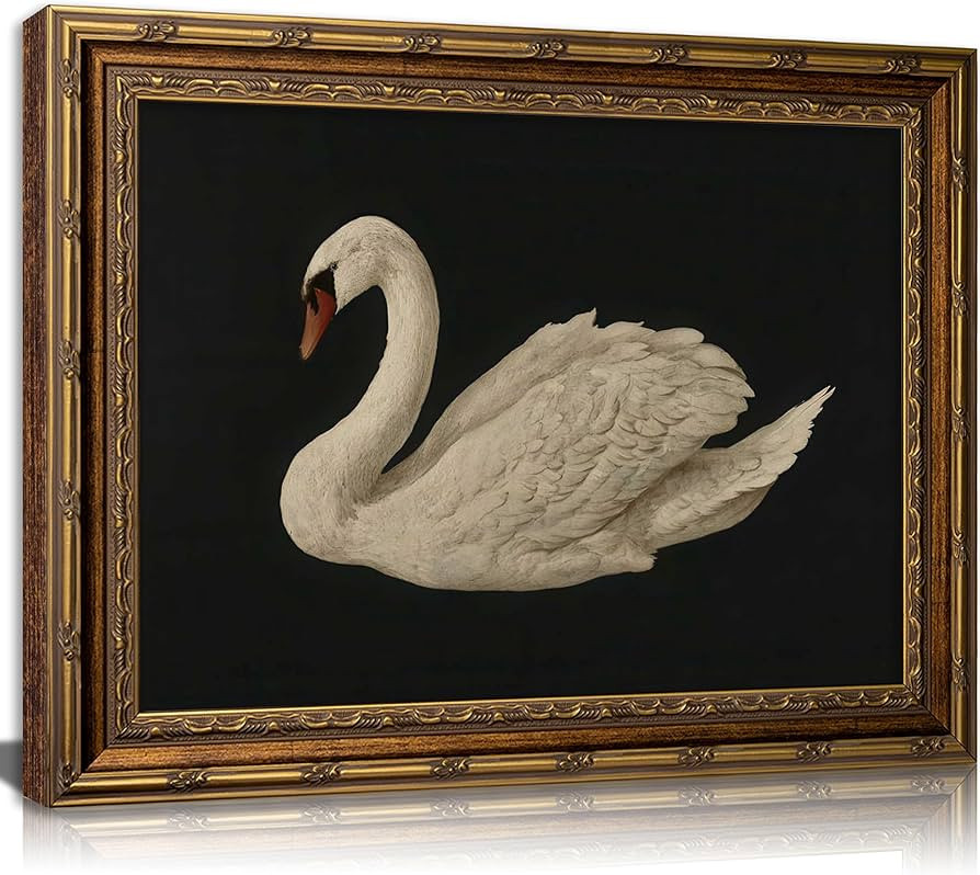 Vintage Gold Framed Swan Wall Art Antique White Swan Painting Canvas Print Dark Country Animals P... | Amazon (US)