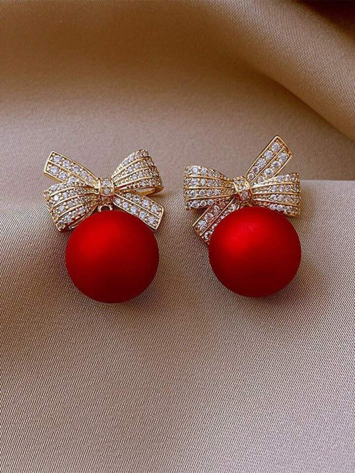 1pair Fashionable Alloy Bow & Red Bead Dangle Earrings For Women, Perfect For Christmas Party | S... | SHEIN