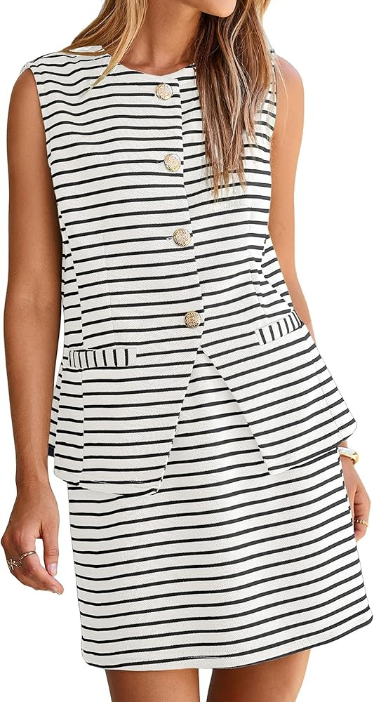 Simplee Women's Summer 2 Piece Outfits 2026 Striped Sleeveless Matching Sets Button Down Vest Wai... | Amazon (US)
