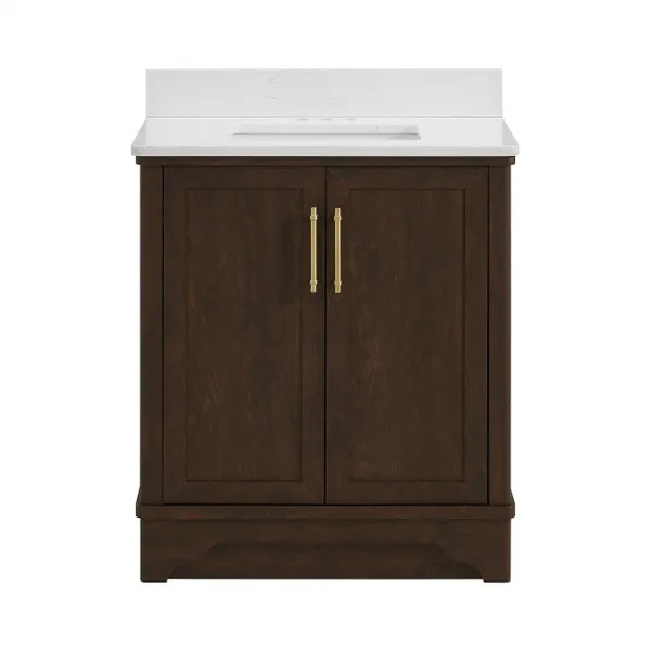 Glacier Bay Eastwood 31 in. Single Sink Dark Walnut Bath Vanity with Carrara White Engineered Sto... | The Home Depot