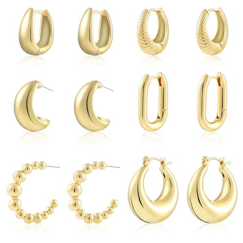 ALLHOLA 6 Pairs Gold Hoop Earrings for Women, 14K Gold Plated Lightweight Chunky Hoop Earrings Set Hypoallergenic, Thick Open Huggie Hoops Earrings Jewelry for Gifts. (02-Gold hoops) | Amazon (US)