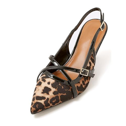 KaroNairy Leopard Print Kitten Heels for Women Pointed Toe Slingback Heels Closed Toe Wedding Dress Pumps with Buckles 6.5 | Amazon (US)