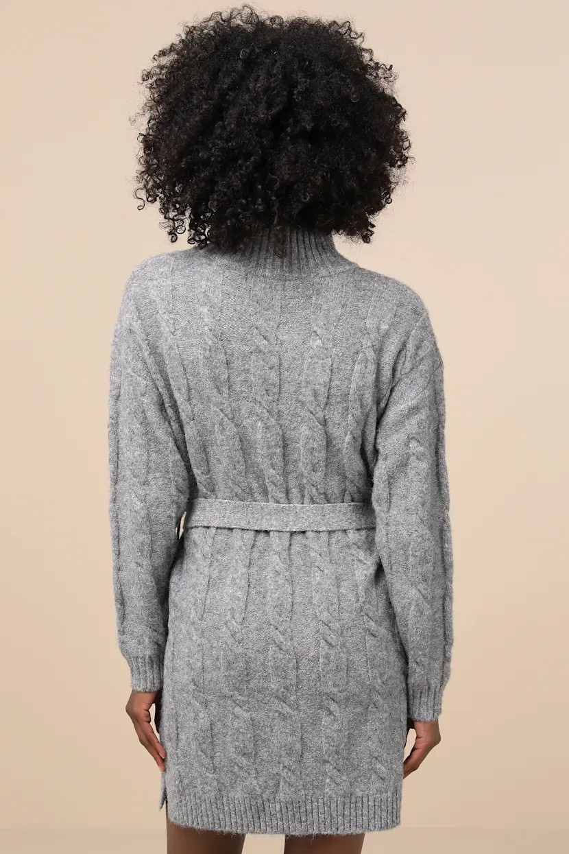 Warmed Up To You Heather Grey Cable Knit Mock Neck Sweater Dress | Lulus