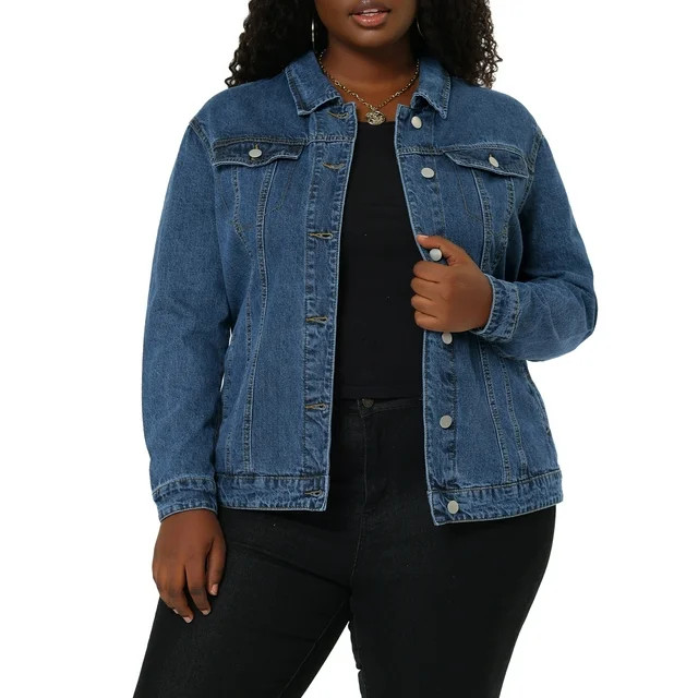 MODA NOVA Juniors Plus Size Long Sleeve Button Down Jean Denim Jacket with Pockets 1X Snow Blue | Walmart (US)