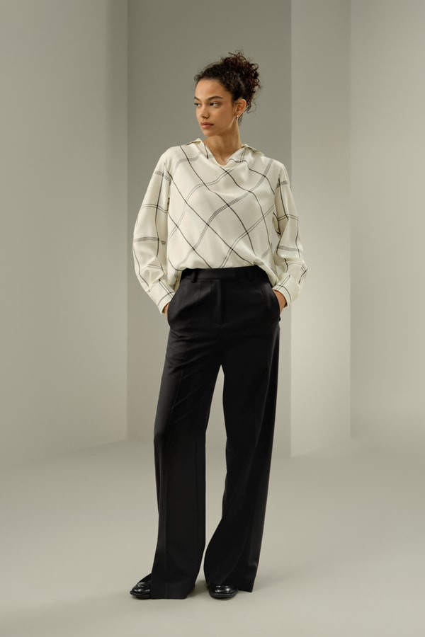 Silk Twill Cowl Neck Top in Check | LILYSILK