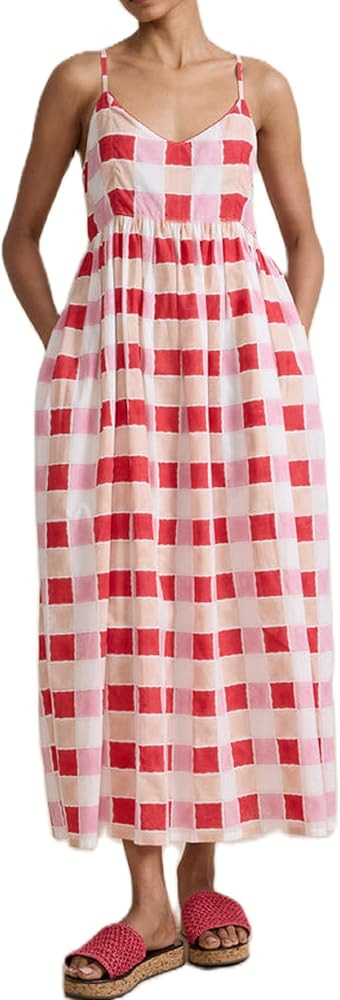 UAURORAO Women Loose Boho Maxi Dress Spaghetti Strap Floral Block Print Long Dress Sleeveless V N... | Amazon (US)