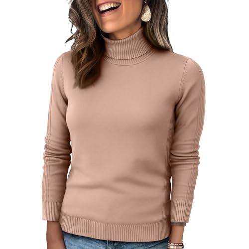 Turtle Neck Sweater for Women Casual Trendy Cable Knit Mock Neck Sweater Soft Fitted Solid Color Business Aesthetic Clothes Warm Winter Dressy Long Sleeve Turtle Necks Tops for Women Light Brown 2XL | Amazon (US)