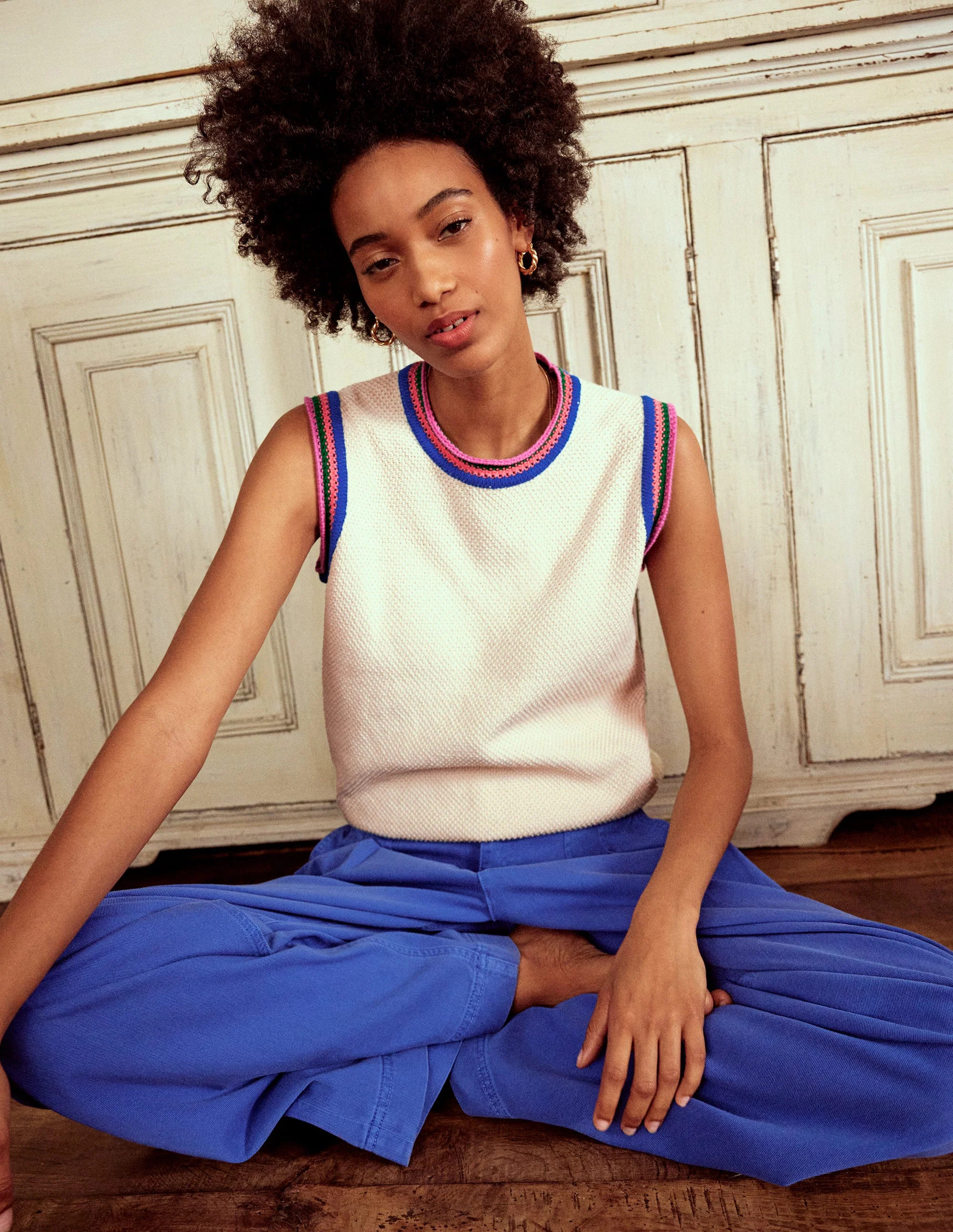 Callie Crochet Trim Tank-Warm Ivory, Rainbow Trim | Boden (US)